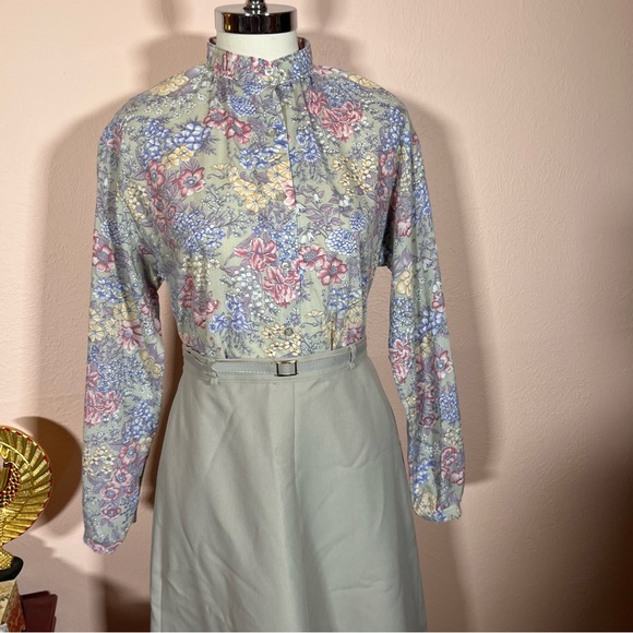 Vintage 70 80 Retro Victorian pastel floral Prairie Grey High waist Skirt set - Picture 10 of 17